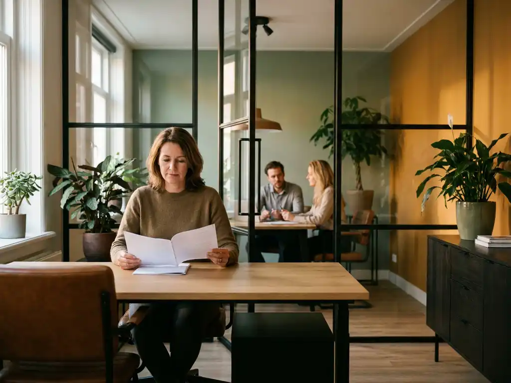 Ondernemer bekijkt document aan houten bureau, twee medewerkers zichtbaar door glazen wand, warm ingericht Nederlands kantoor met planten.