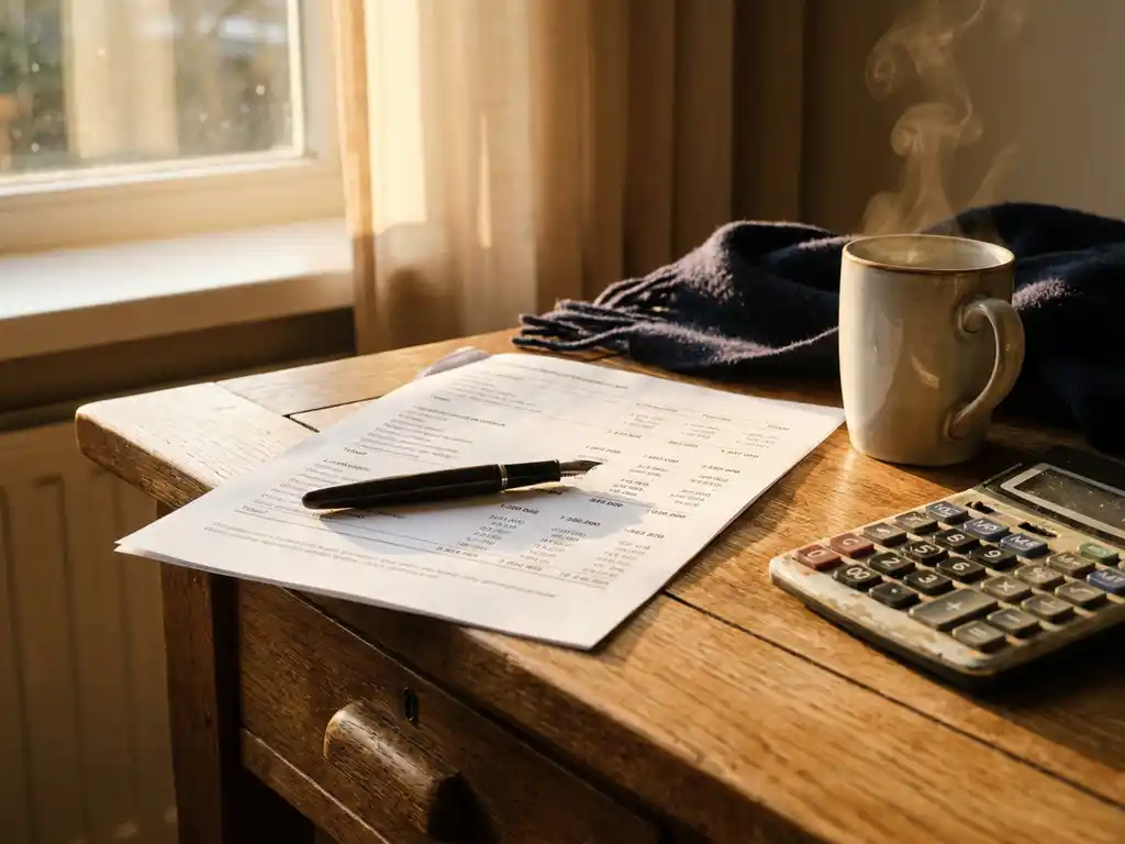 Eikenhouten bureau met salarisoverzicht, pen en rekenmachine naast dampende koffie in warm ochtendlicht.