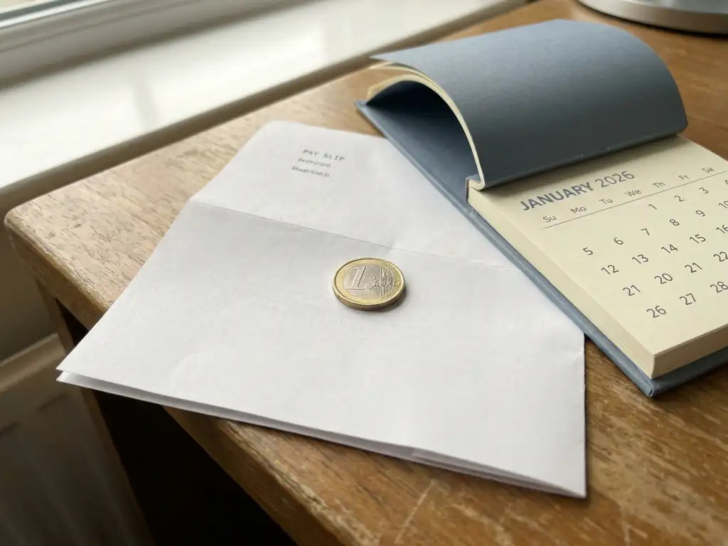 Witte loonstrook op kantoorbureau naast kalender van 2026 met euromunt erop, in warm natuurlijk licht.