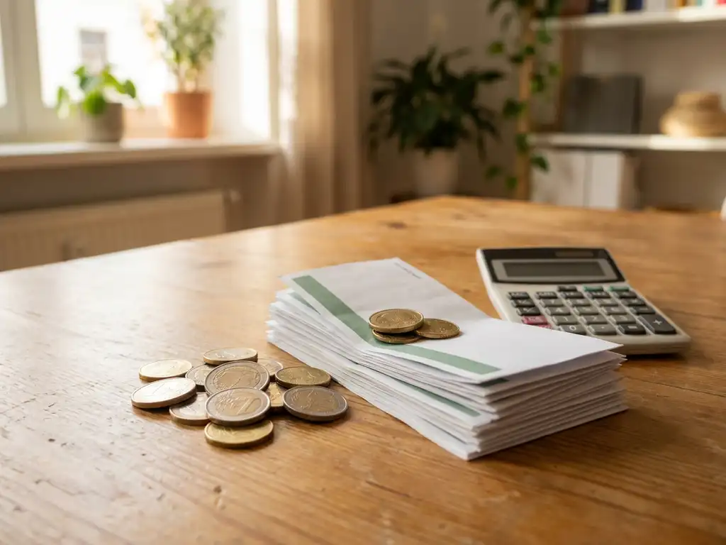 Euro munten, loonstroken en een rekenmachine op een houten bureau in een Nederlands kantoor.