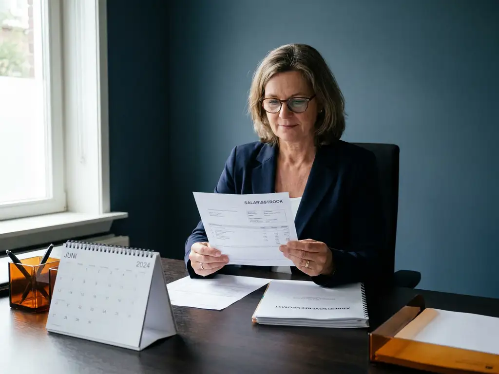 Oudere werknemer bekijkt loonstrook aan bureau met arbeidscontract en kalender, warm kantoorlicht, professionele sfeer.
