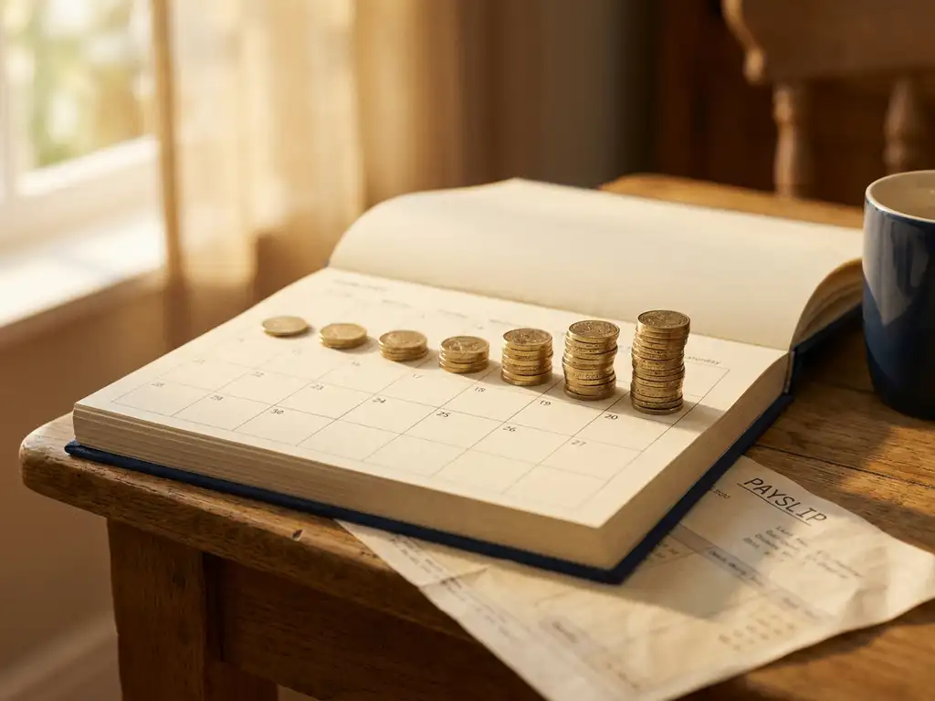 Bureaukalender met dagelijks groeiende stapels gouden munten per dag, loonstrook eronder, warme amber tinten en zacht raamlicht.