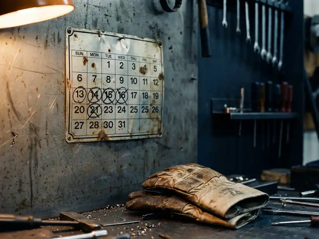 Versleten metalen werkplaatskalender aan staalwand met omcirkelde dagen, zware werkhandschoenen eronder, industrieel amber licht.