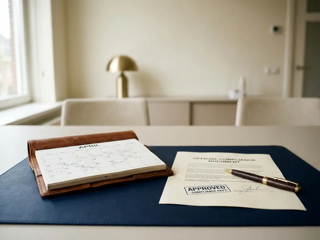 Versleten leren bureaukalender met een officieel nalevingsdocument, stempel, handtekening en pen in een modern Nederlands kantoor.