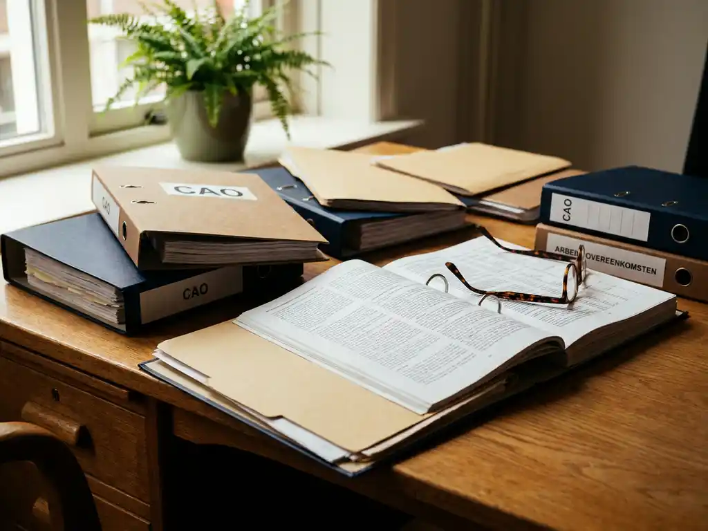Stapel Nederlandse cao-mappen opengeslagen op eikenhouten bureau, met leesbril van ondernemer bovenop, warm natuurlijk licht.