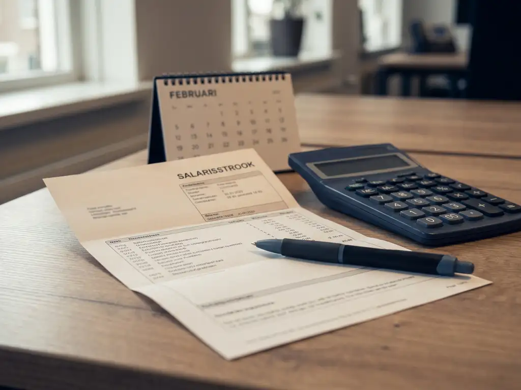 Nederlands loonstrookje op houten bureau naast rekenmachine, kalender en pen in zacht natuurlijk licht.