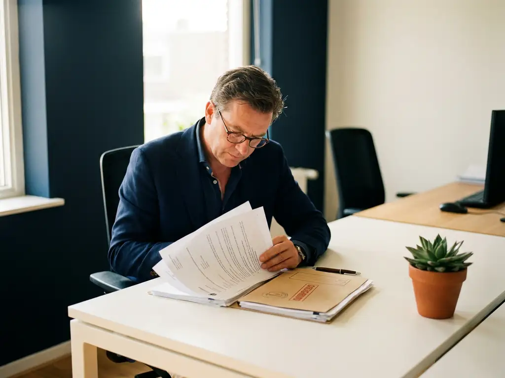 Nederlandse werkgever bekijkt officiële overheidsdocumenten aan modern bureau met goedgekeurde map en pen.