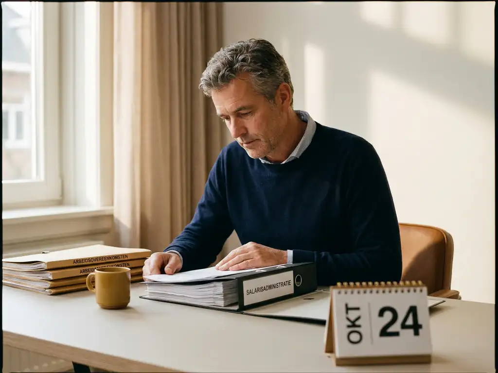 Nederlandse kantoormedewerker bestudeert loonstrookdocument aan modern bureau met stapel arbeidscontracten en bureaukalender.