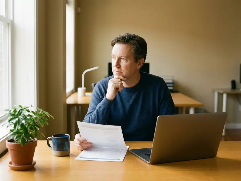 Ondernemer aan houten bureau controleert papieren checklist naast laptop, met plant en koffiemok in warm natuurlijk licht.