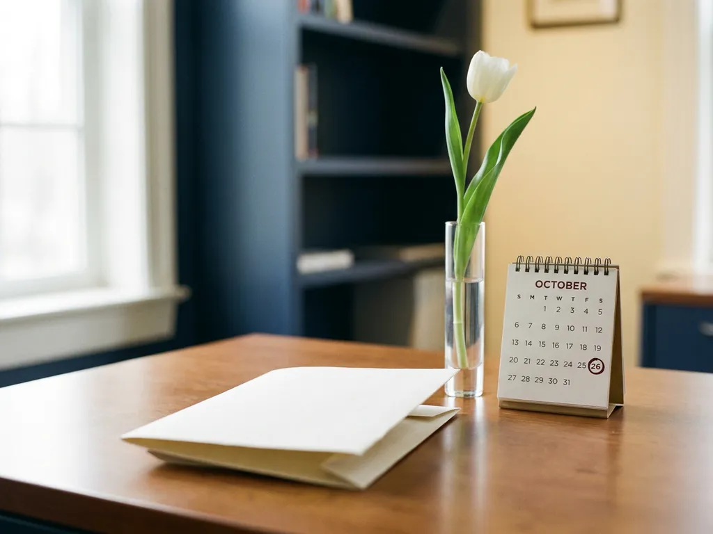 Gevouwen formele brief op kantoorbureau naast kalender met omcirkelde datum en witte tulp in glazen vaas, zacht natuurlijk licht.