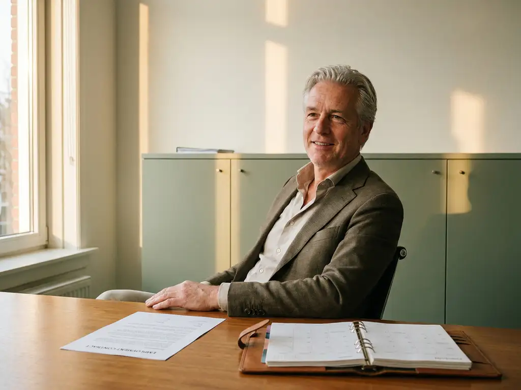 Zelfverzekerde oudere werknemer ontspant aan opgeruimd bureau met arbeidscontract en agenda, warm middaglicht in Nederlands kantoor.