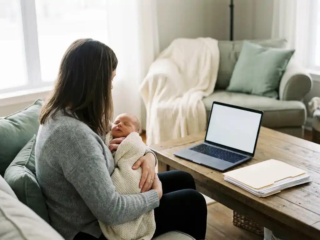 Jonge ouder met pasgeboren baby thuis, laptop en werkdocumenten op houten tafel, zacht gebreid deken op de achtergrond.