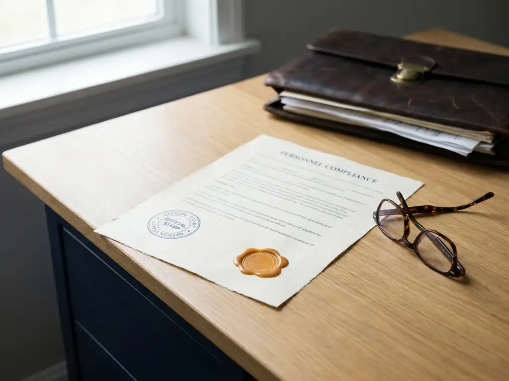 Personeelscompliancedocument met officieel stempel op kantaartafel, leesbril ernaast en versleten leren portfolio op achtergrond.