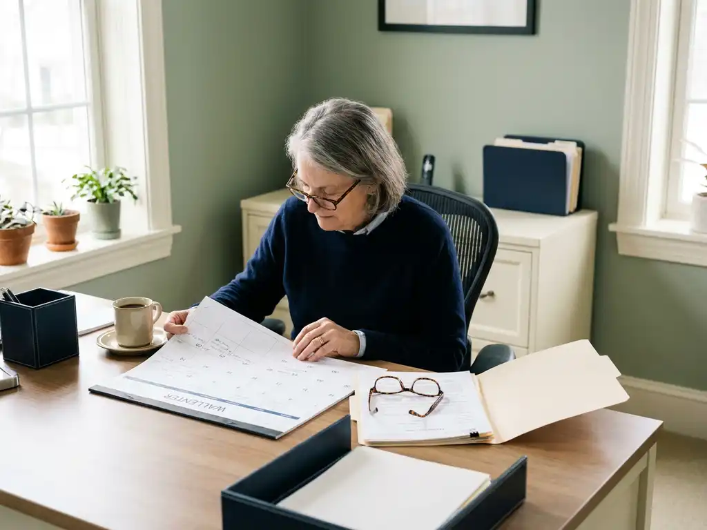 Oudere medewerker bekijkt papieren kalender aan opgeruimd bureau met personeelsdossier, leesbril en koffie in natuurlijk kantoorlicht.