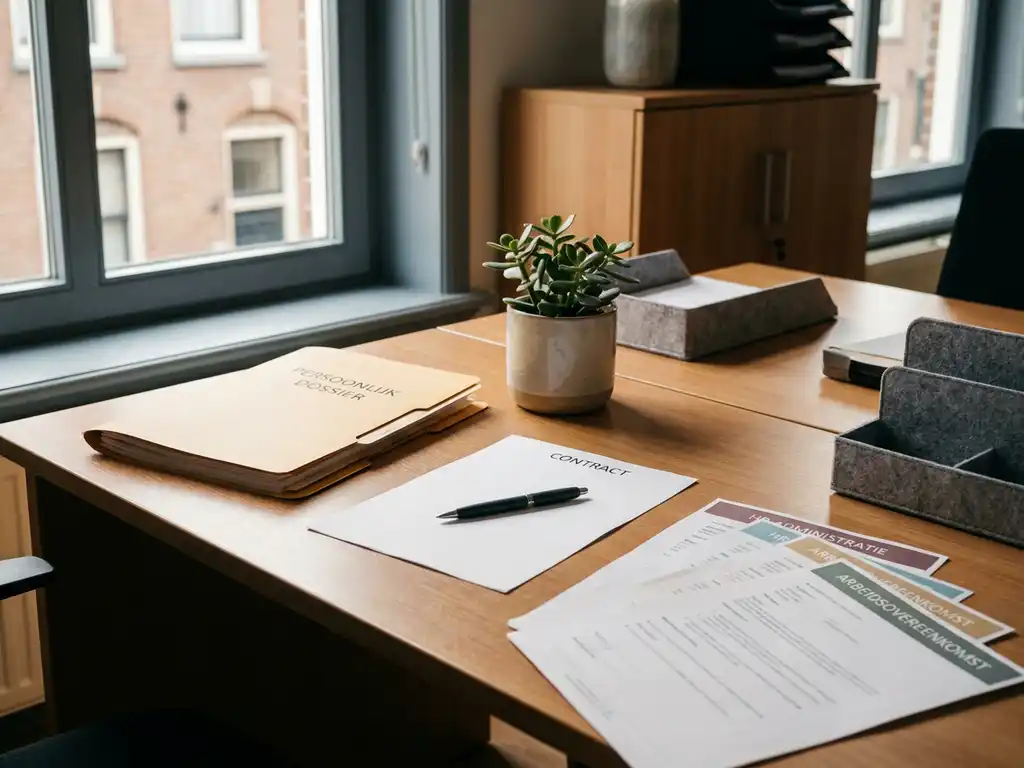 Georganiseerd kantoorbureau met open personeelsdossier, HR-documenten, pen op blanco contract en klein potplantje in warm natuurlijk licht.