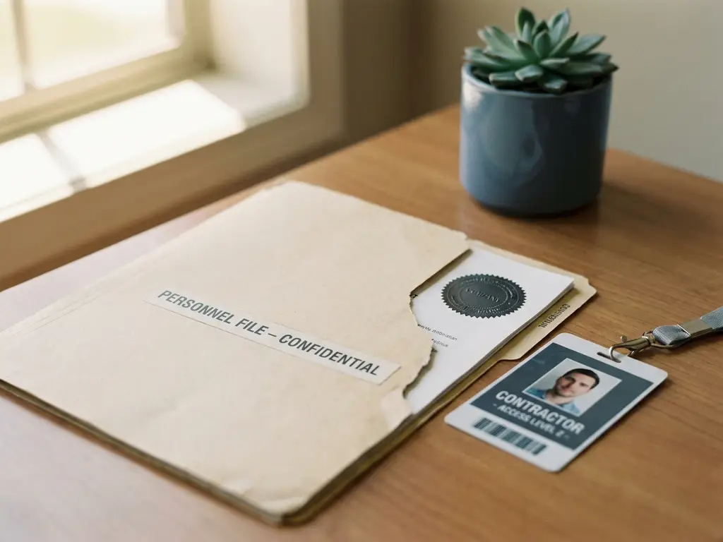Personeelsdossier en contractorsbadge naast elkaar op een kantoorbureau, met bedrijfsstempel op document en zacht natuurlijk licht.