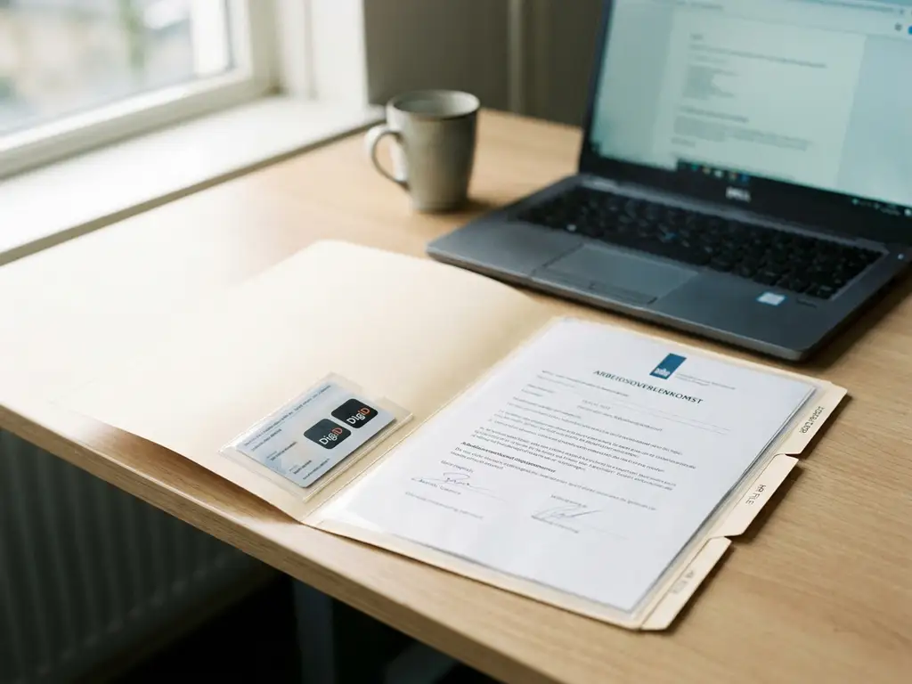 Open personeelsdossier op kantoorbureau met DigiD-kaart en ondertekend arbeidscontract, laptop op achtergrond.