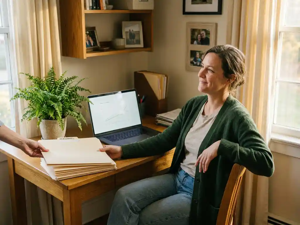 Ontspannen ondernemer aan houten bureau overhandigt georganiseerde personeelsmappen, laptop en plant op de achtergrond, warm ochtendlicht.