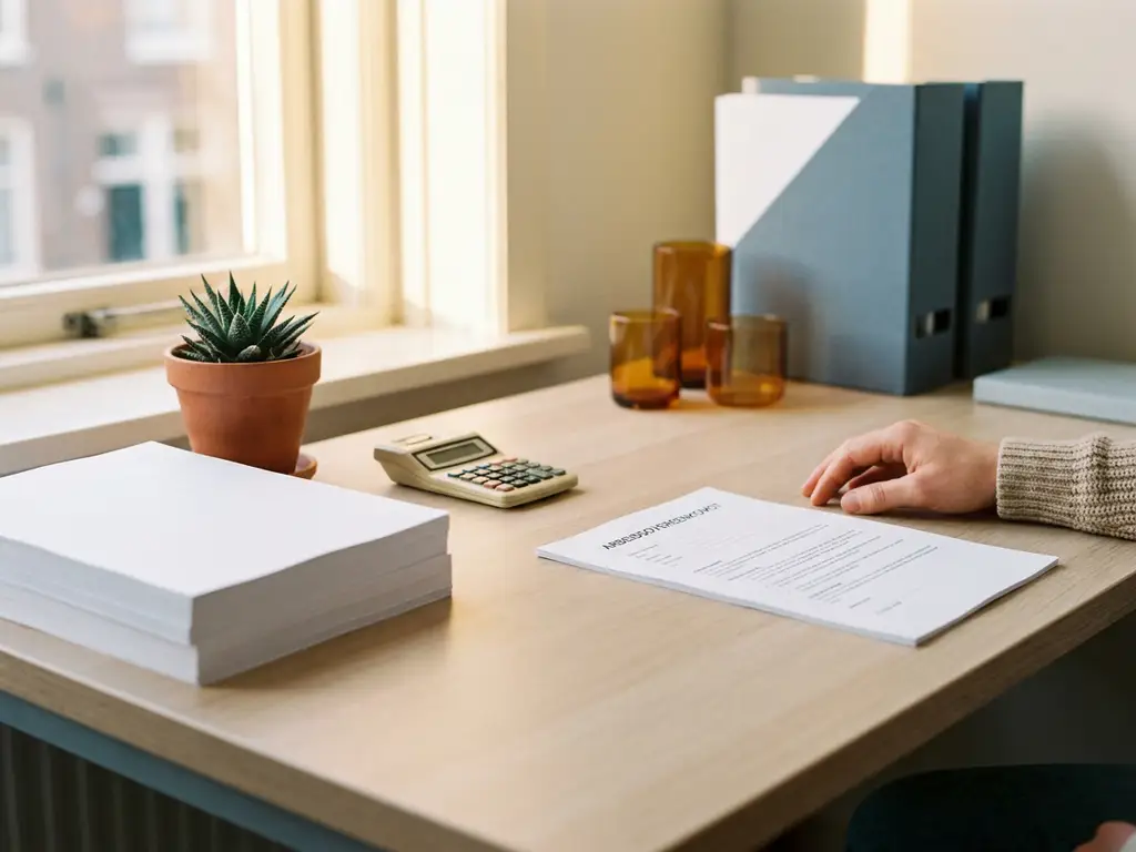 Nette bureauopstelling met arbeidsovereenkomst, rekenmachine en vetplant in warm ochtendlicht op een salarisadministratiekantoor.