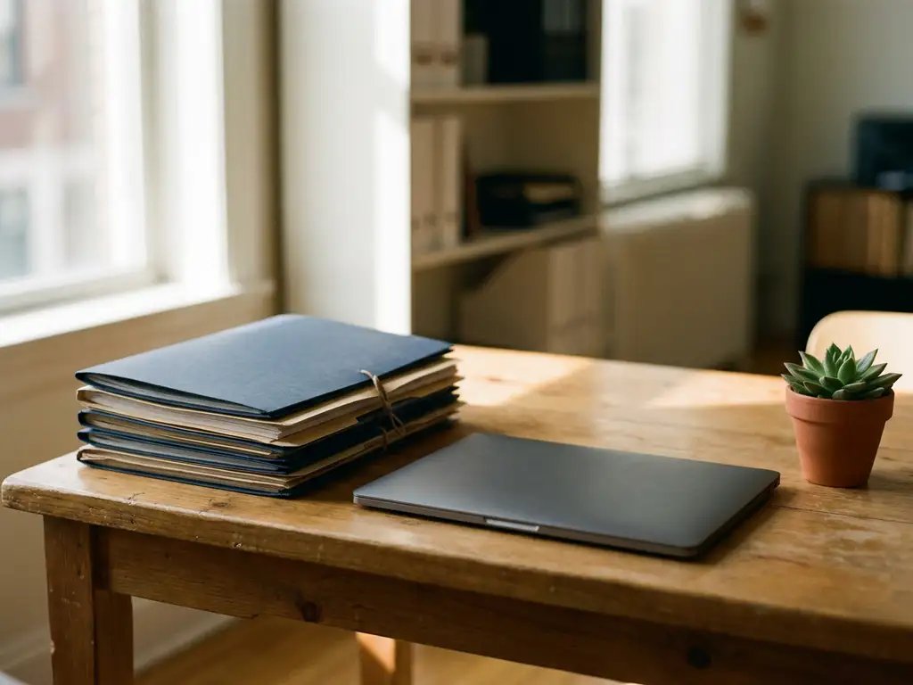 Stapel personeelsdossiers naast een laptop op een houten bureau, verlicht door natuurlijk zijlicht in een rustige kantooromgeving.