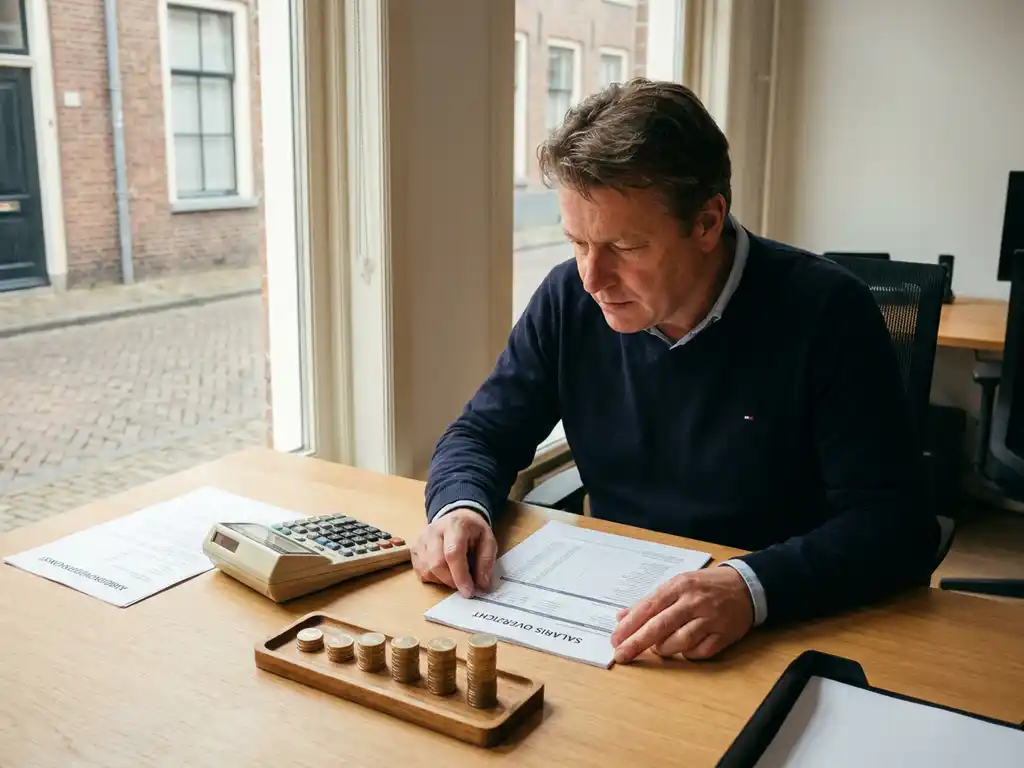 Ondernemer bestudeert loonstrook aan Nederlands bureau met rekenmachine, arbeidscontract en oplopende stapels euromunten.