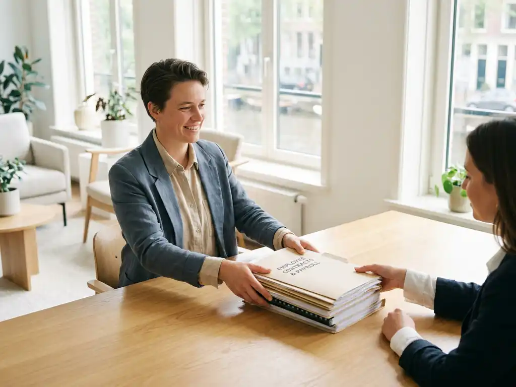 Ondernemer overhandigt stapel arbeidscontracten en loonmappen aan consultant in modern Nederlands kantoor met groot raam.