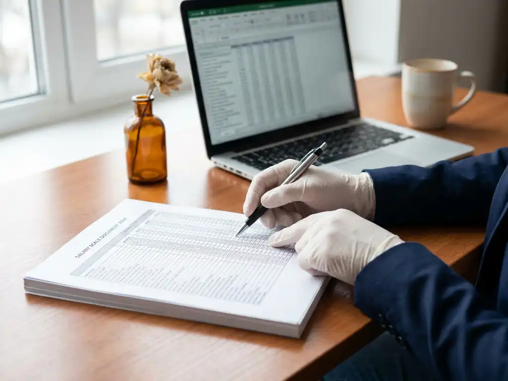 HR-medewerker markeert loonschalen op een gedrukt salarisdocument aan een opgeruimd bureau, laptop op de achtergrond.