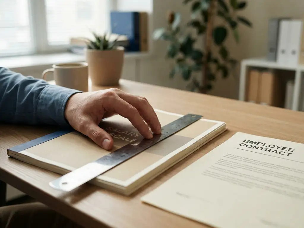 Hiring manager legt liniaal op salarisschaal naast arbeidscontract op kantoorbureau, warm natuurlijk licht.