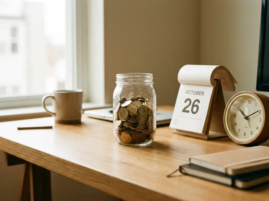 Glazen pot gevuld met gouden munten op een bureau, naast een papieren kalender en analoge klok, warm zacht licht.