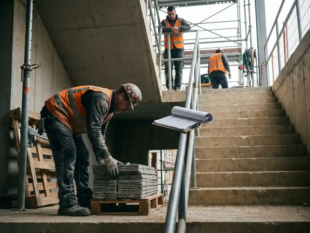 Drie bouwvakkers in veiligheidsvesten op betonnen trappen van een bouwplaats, met contractklembord op stalen reling.
