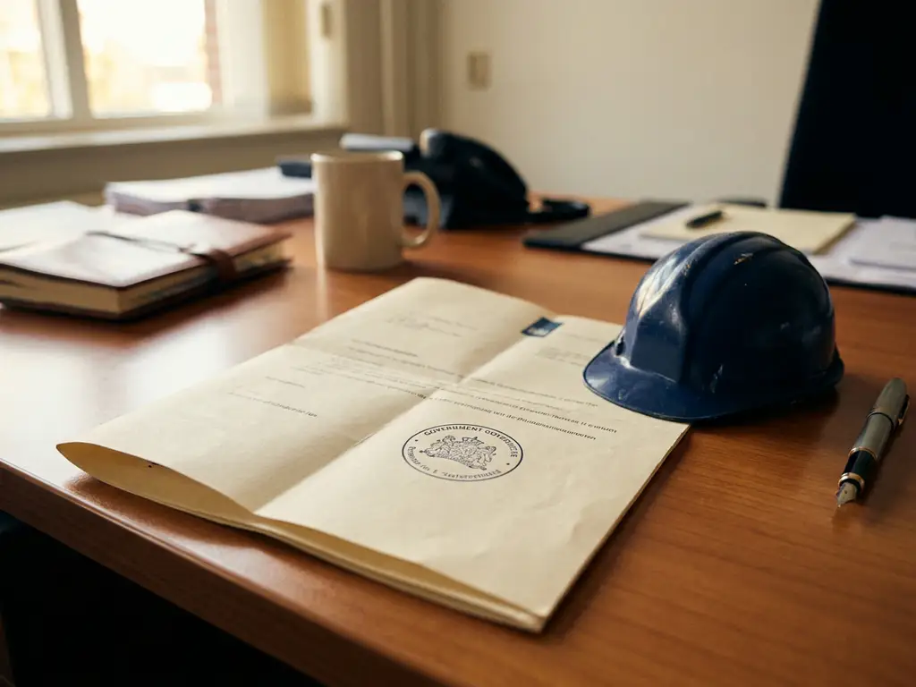 Gevouwen officieel overheidsdocument met stempel, bouwhelm en pen op kantoorbureau in warm natuurlijk licht.