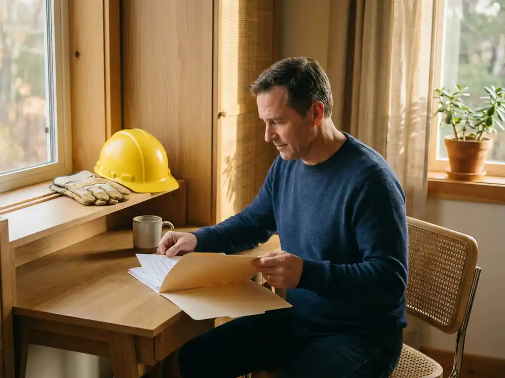 Ondernemer bekijkt verzekeringsdocumenten op kantoor, met werkhandschoenen en bouwhelm op bureau, warm natuurlijk licht.