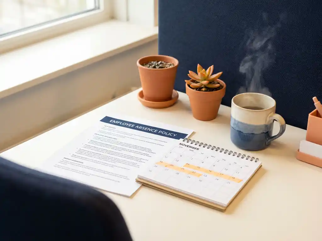 Nette kantoorbureau met afwezigheidsbeleid document, kalender met gemarkeerde datums, dampende koffiemok en kamerplant in natuurlijk licht.