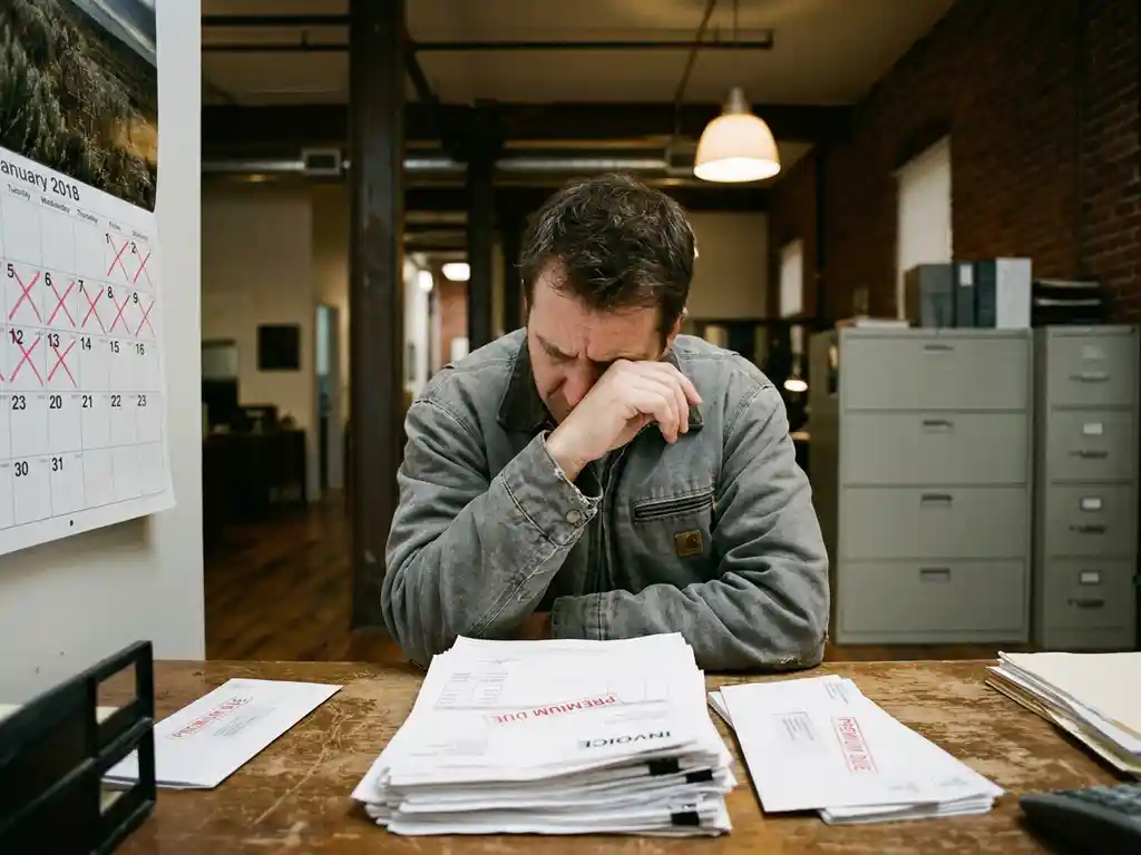 Ondernemer bekijkt stapel verzekeringsfacturen aan houten bureau, kalender met ziektedagen zichtbaar op de achtergrond.
