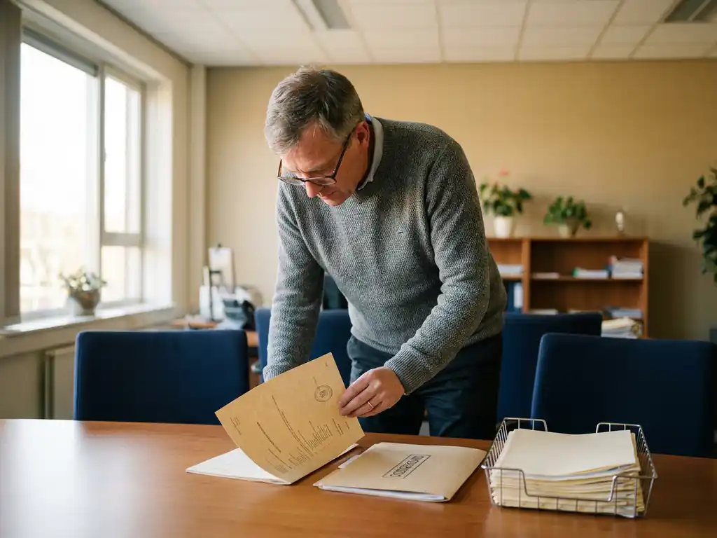 Werkgever aan bureau bestudeert overheidsdocument naast goedgekeurde map en HR-administratie in warm, natuurlijk kantoorlicht.
