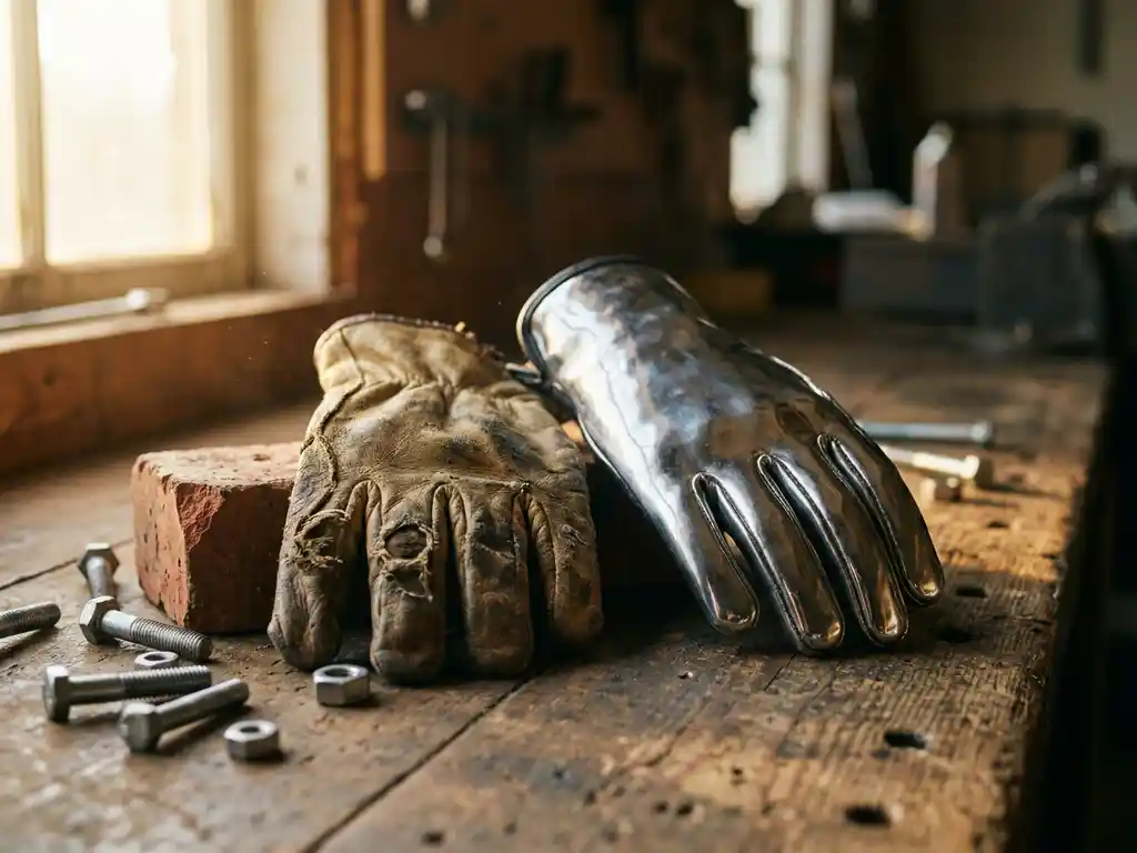 Versleten leren bouwhandschoen naast gepolijste metalen machinehandschoen op houten werkbank met staalbouten en baksteen.