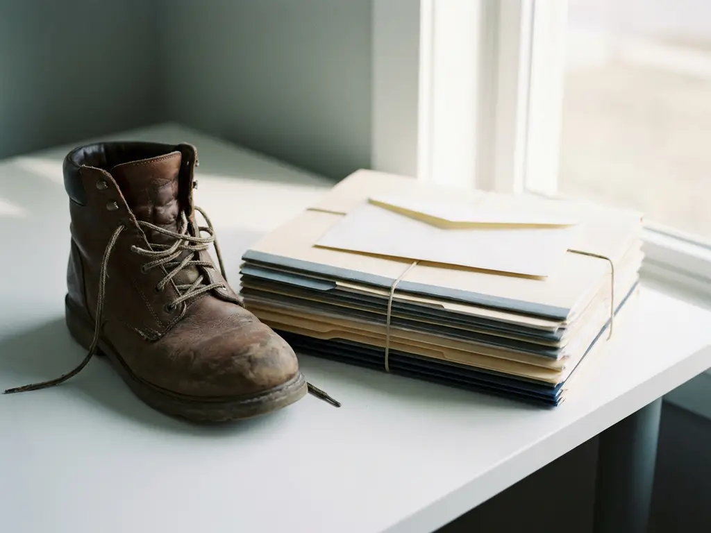 Versleten leren werkschoen naast een stapel administratieve mappen en ongeopende envelop op wit bureau.