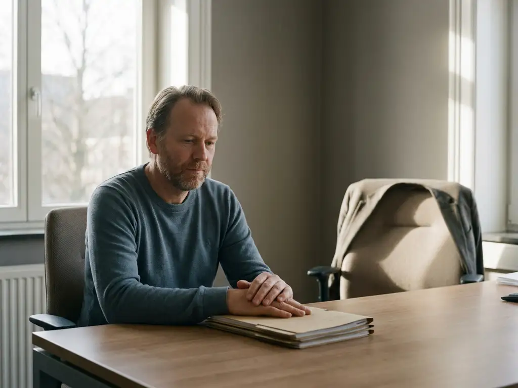 Nederlandse werknemer aan leeg bureau met gesloten mappen, lege stoel ertegenover, zacht natuurlijk raamlicht, sfeer van onzekerheid op het werk.