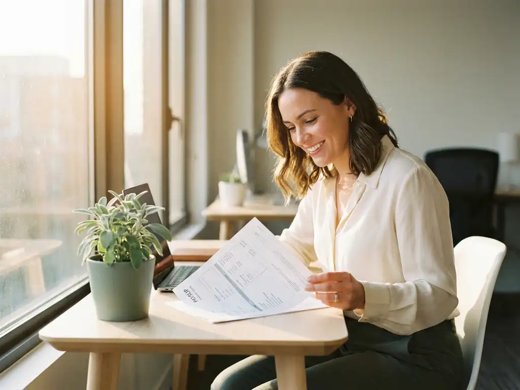 Lachende medewerker bekijkt loonstrook aan modern bureau met groen plantje, warm zonlicht door raam.