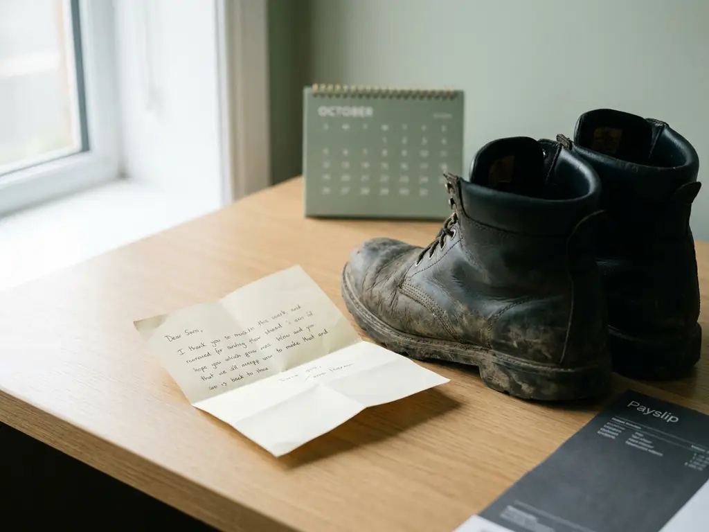 Versleten werklaars naast opgevouwen ziektemelding op kantoorbureau, met kalender en loonstrook op de achtergrond.